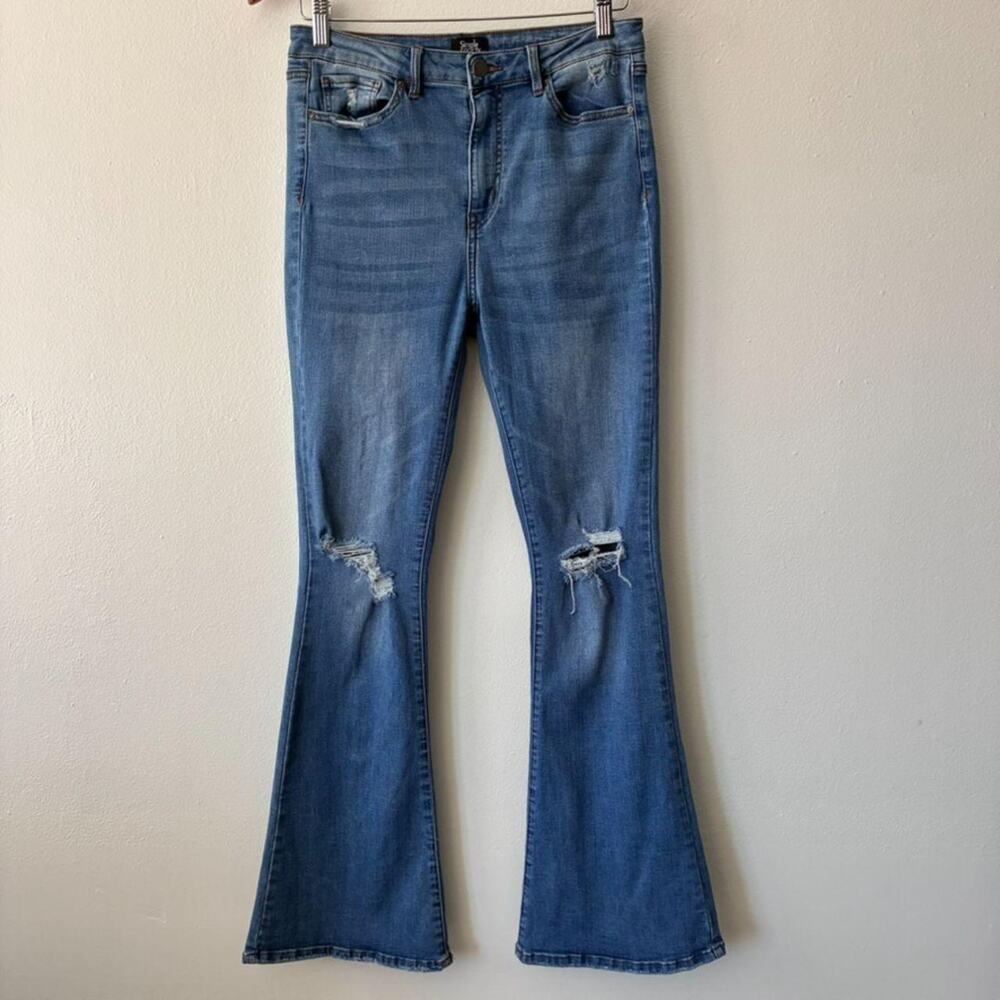 Simple Society Sneak Flare Jeans Women Size 9 Blue Distressed Knee High Rise Y2K